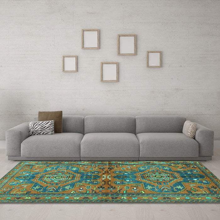 Machine Washable Persian Turquoise Traditional Area Rugs in a Living Room,, wshtr4602turq