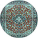 Round Machine Washable Medallion Light Blue Traditional Rug, wshtr4603lblu