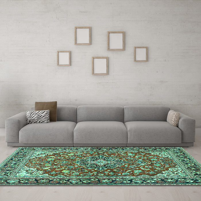 Machine Washable Medallion Turquoise Traditional Area Rugs in a Living Room,, wshtr4603turq