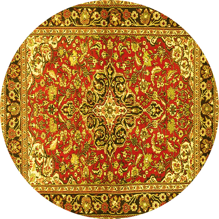 Round Machine Washable Medallion Yellow Traditional Rug, wshtr4603yw