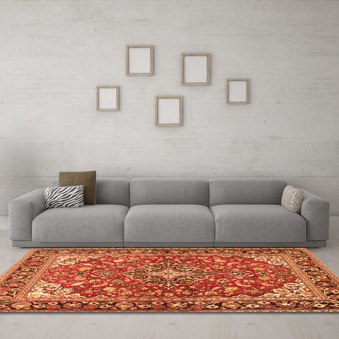 Machine Washable Medallion Orange Traditional Area Rugs in a Living Room, wshtr4603org