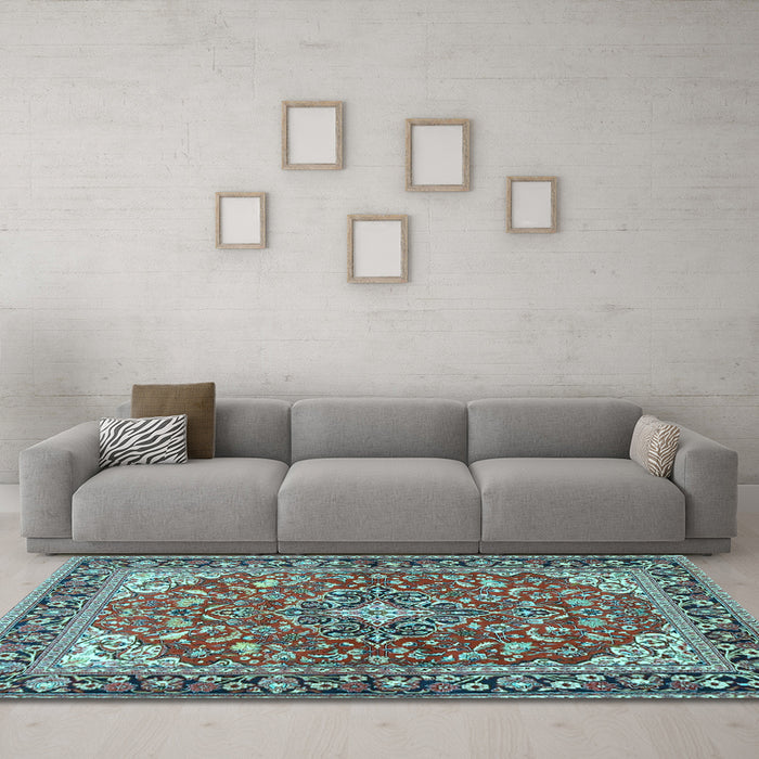 Machine Washable Medallion Light Blue Traditional Rug in a Living Room, wshtr4603lblu