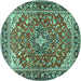 Round Machine Washable Medallion Turquoise Traditional Area Rugs, wshtr4603turq