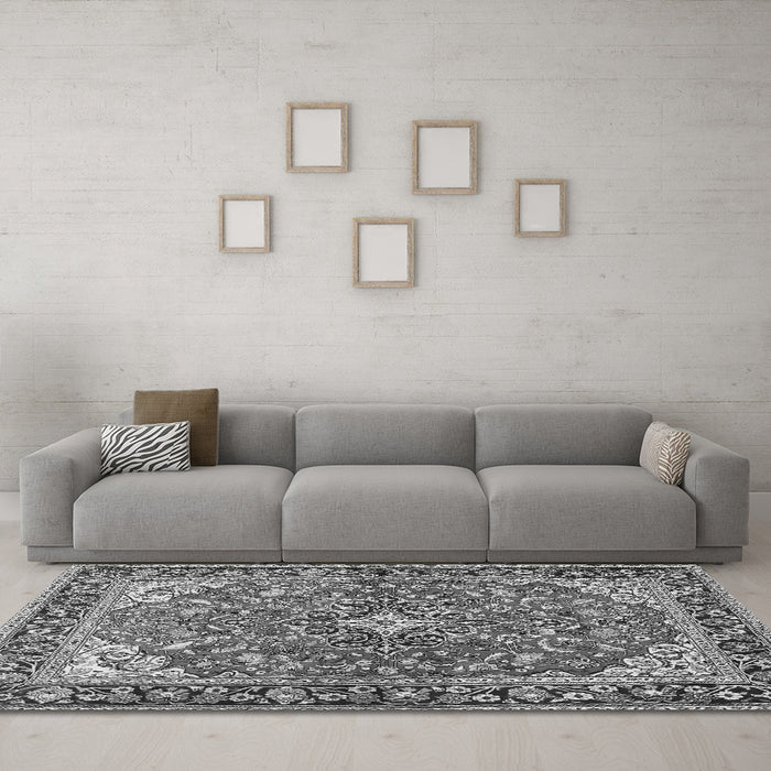 Machine Washable Medallion Gray Traditional Rug in a Living Room,, wshtr4603gry