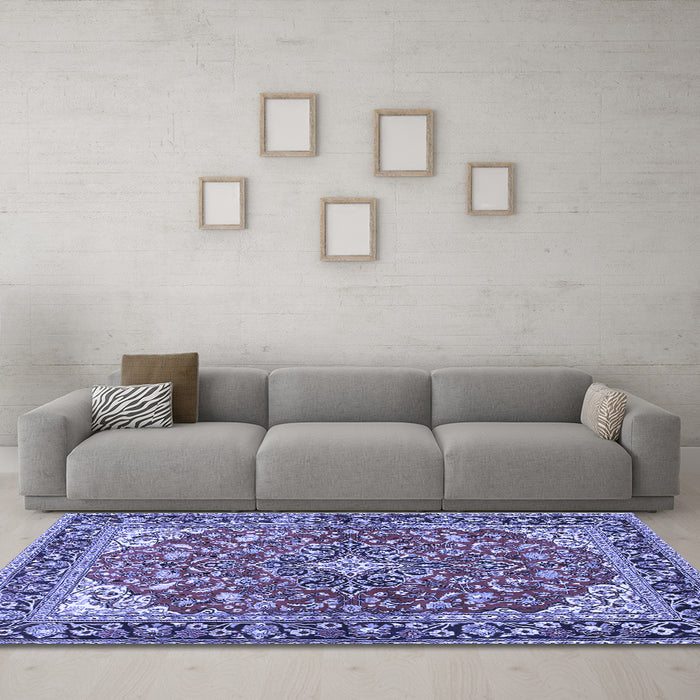 Machine Washable Medallion Blue Traditional Rug in a Living Room, wshtr4603blu