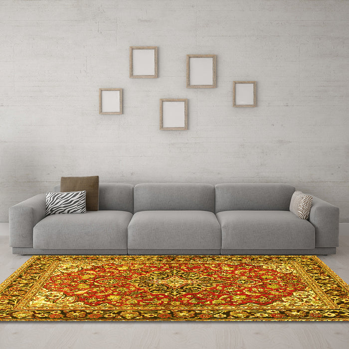 Machine Washable Medallion Yellow Traditional Rug in a Living Room, wshtr4603yw