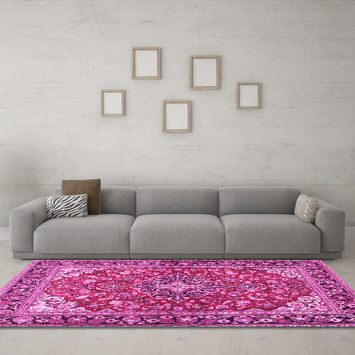 Machine Washable Medallion Pink Traditional Rug in a Living Room, wshtr4603pnk