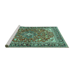 Sideview of Machine Washable Medallion Turquoise Traditional Area Rugs, wshtr4603turq