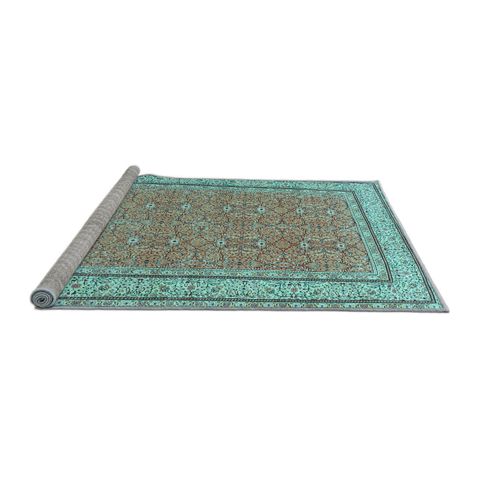 Sideview of Machine Washable Oriental Light Blue Traditional Rug, wshtr4604lblu