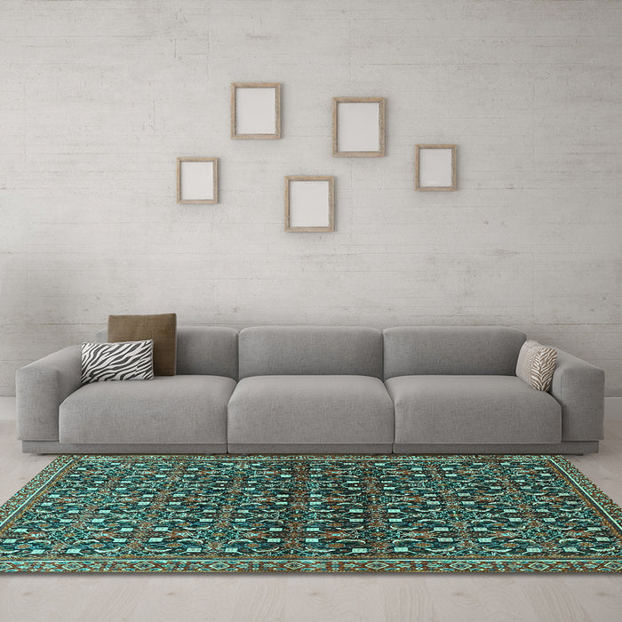 Machine Washable Persian Turquoise Traditional Area Rugs in a Living Room,, wshtr4605turq