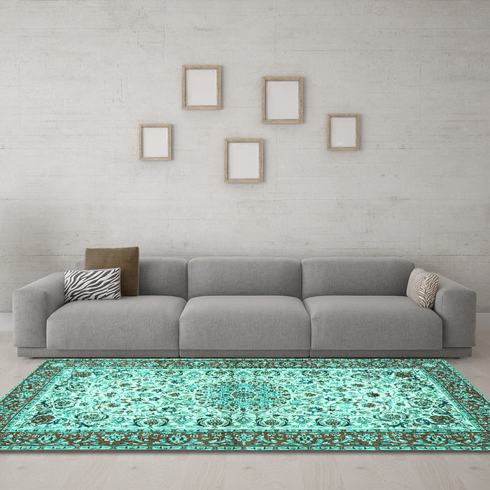 Machine Washable Persian Turquoise Traditional Area Rugs in a Living Room,, wshtr4607turq