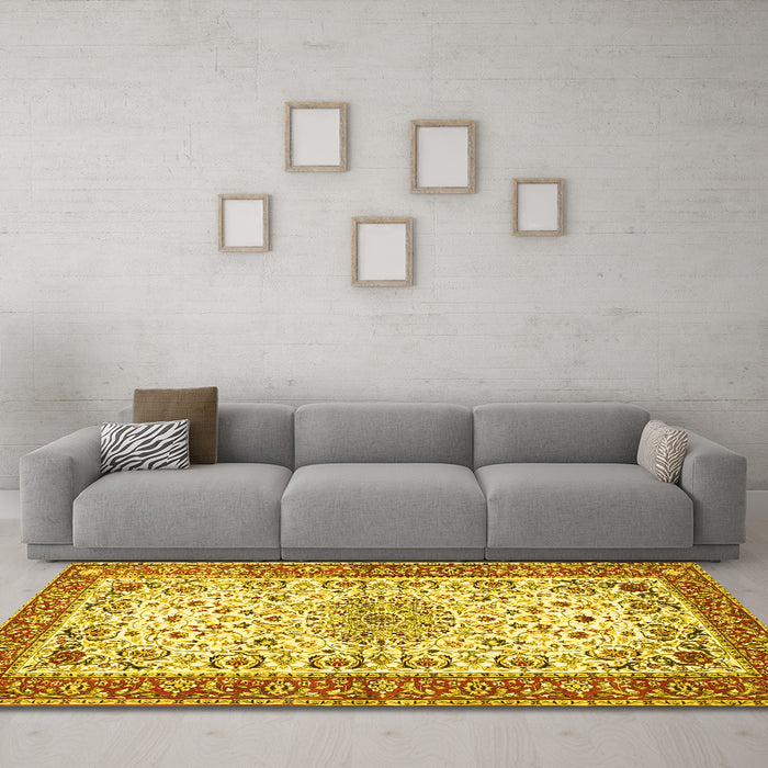 Machine Washable Persian Yellow Traditional Rug in a Living Room, wshtr4607yw