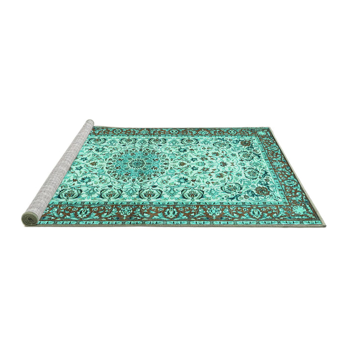 Sideview of Machine Washable Persian Turquoise Traditional Area Rugs, wshtr4607turq
