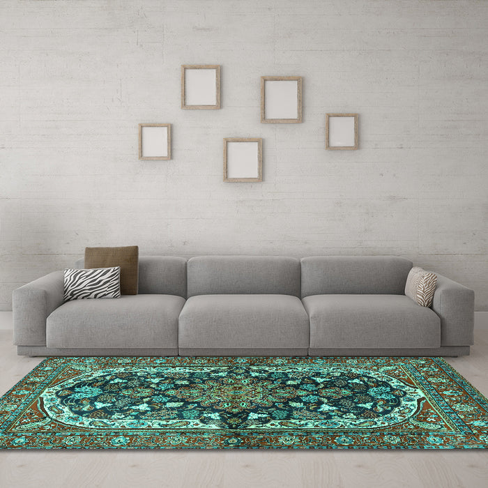 Machine Washable Persian Turquoise Traditional Area Rugs in a Living Room,, wshtr4608turq