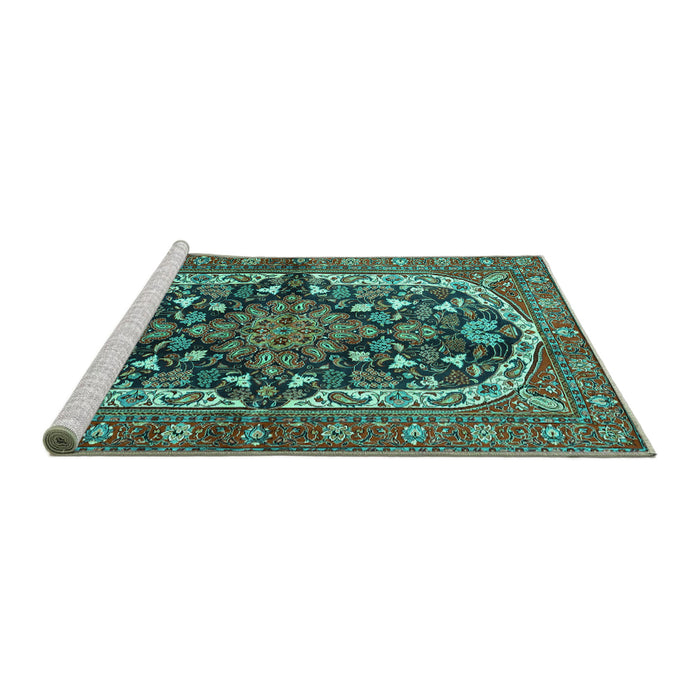 Sideview of Machine Washable Persian Turquoise Traditional Area Rugs, wshtr4608turq