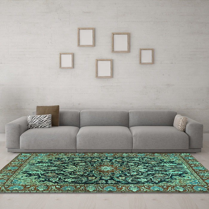 Machine Washable Persian Turquoise Traditional Area Rugs in a Living Room,, wshtr4609turq