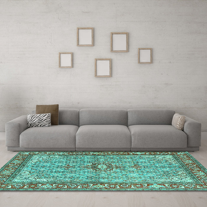 Machine Washable Persian Turquoise Traditional Area Rugs in a Living Room,, wshtr4610turq