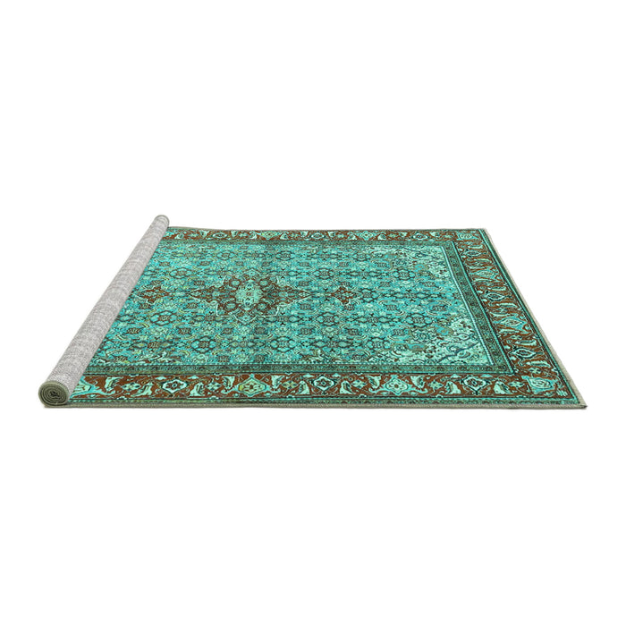Sideview of Machine Washable Persian Turquoise Traditional Area Rugs, wshtr4610turq