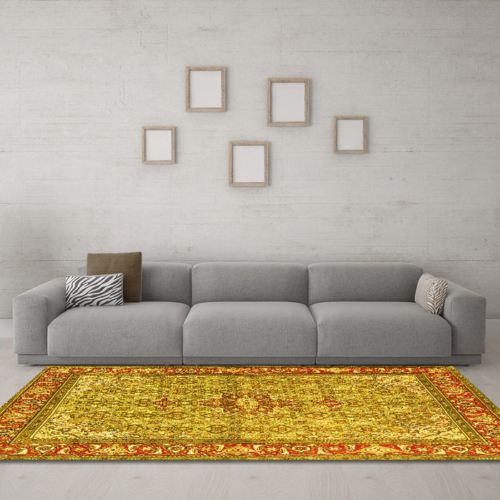Machine Washable Persian Yellow Traditional Rug in a Living Room, wshtr4610yw
