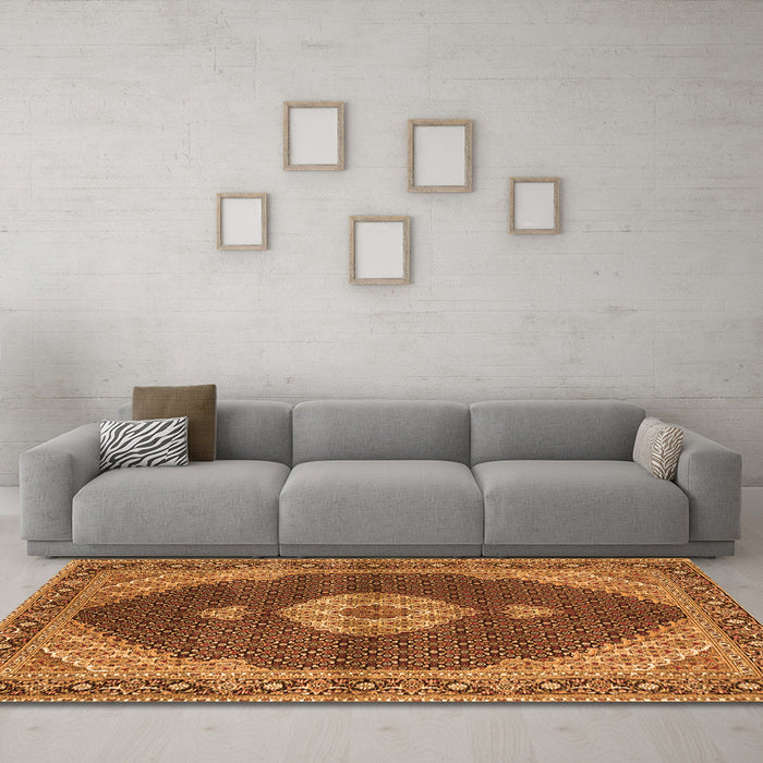 Machine Washable Medallion Orange Traditional Area Rugs in a Living Room, wshtr4611org