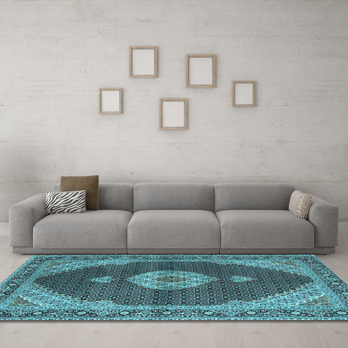 Machine Washable Medallion Light Blue Traditional Rug in a Living Room, wshtr4611lblu
