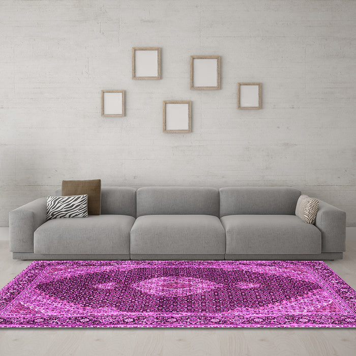 Machine Washable Medallion Pink Traditional Rug in a Living Room, wshtr4611pnk