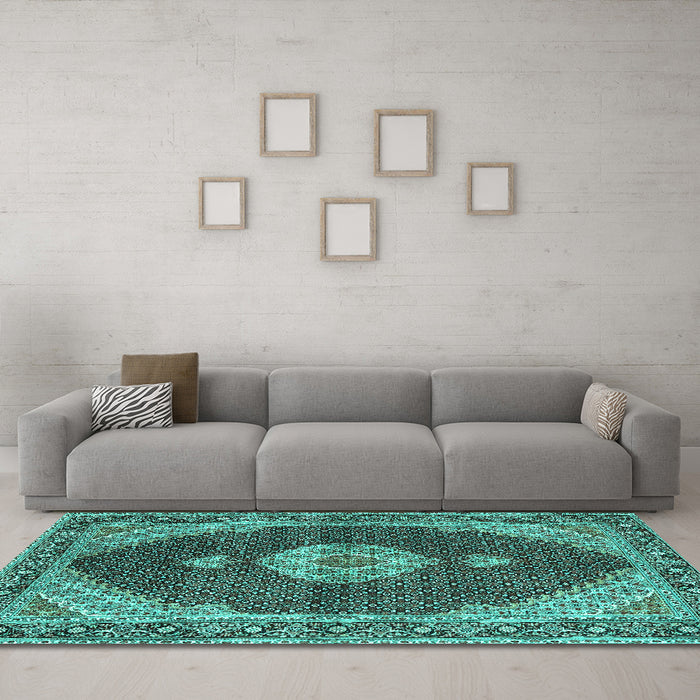 Machine Washable Medallion Turquoise Traditional Area Rugs in a Living Room,, wshtr4611turq
