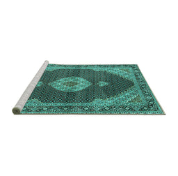 Sideview of Machine Washable Medallion Turquoise Traditional Area Rugs, wshtr4611turq