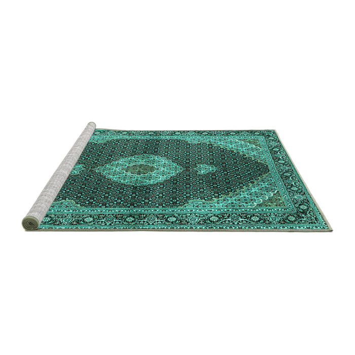 Sideview of Machine Washable Medallion Turquoise Traditional Area Rugs, wshtr4611turq