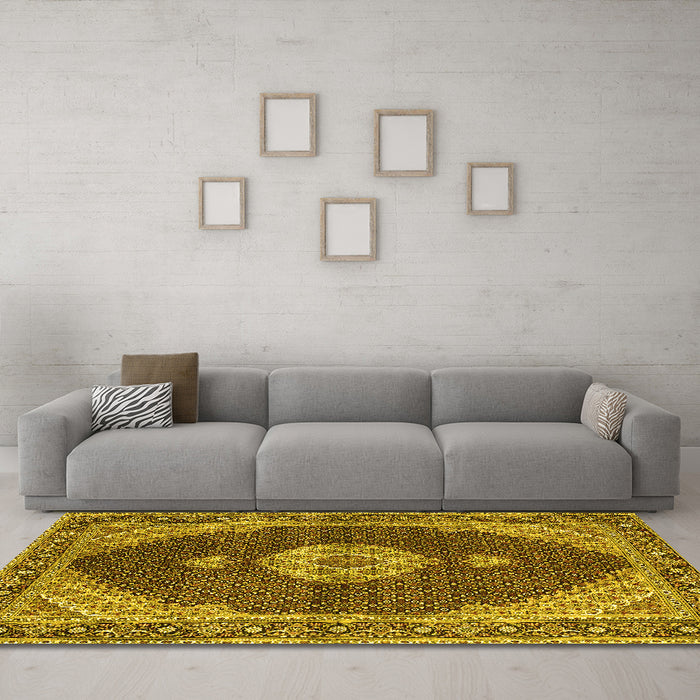Machine Washable Medallion Yellow Traditional Rug in a Living Room, wshtr4611yw