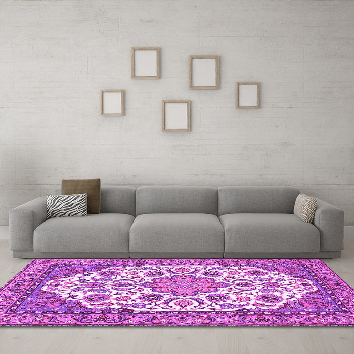 Machine Washable Medallion Pink Traditional Rug in a Living Room, wshtr4612pnk