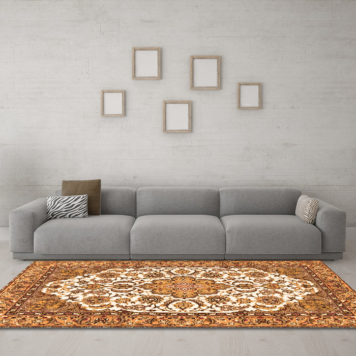 Machine Washable Medallion Orange Traditional Area Rugs in a Living Room, wshtr4612org