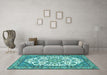 Machine Washable Medallion Turquoise Traditional Area Rugs in a Living Room,, wshtr4612turq