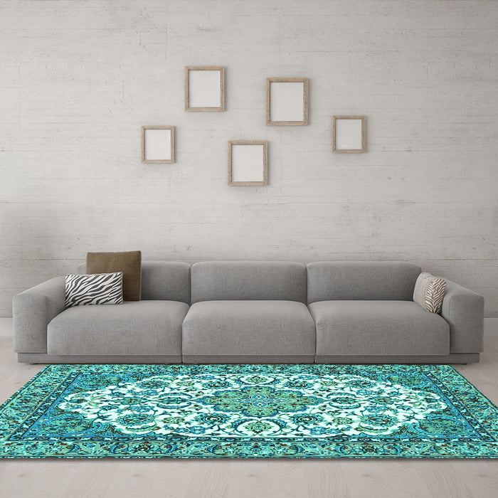 Machine Washable Medallion Turquoise Traditional Area Rugs in a Living Room,, wshtr4612turq
