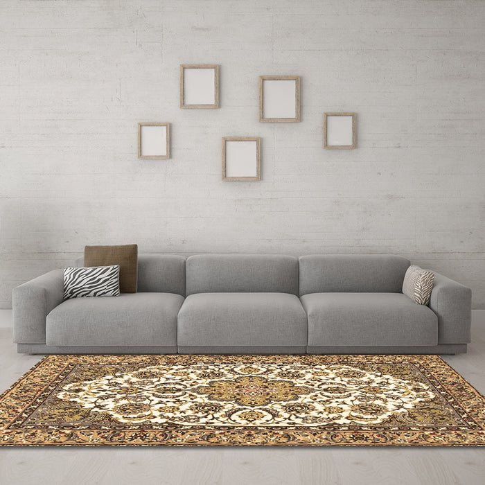Machine Washable Medallion Brown Traditional Rug in a Living Room,, wshtr4612brn