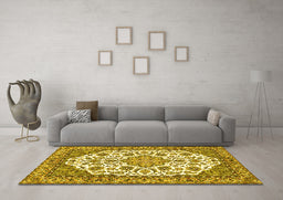 Machine Washable Medallion Yellow Traditional Rug in a Living Room, wshtr4612yw