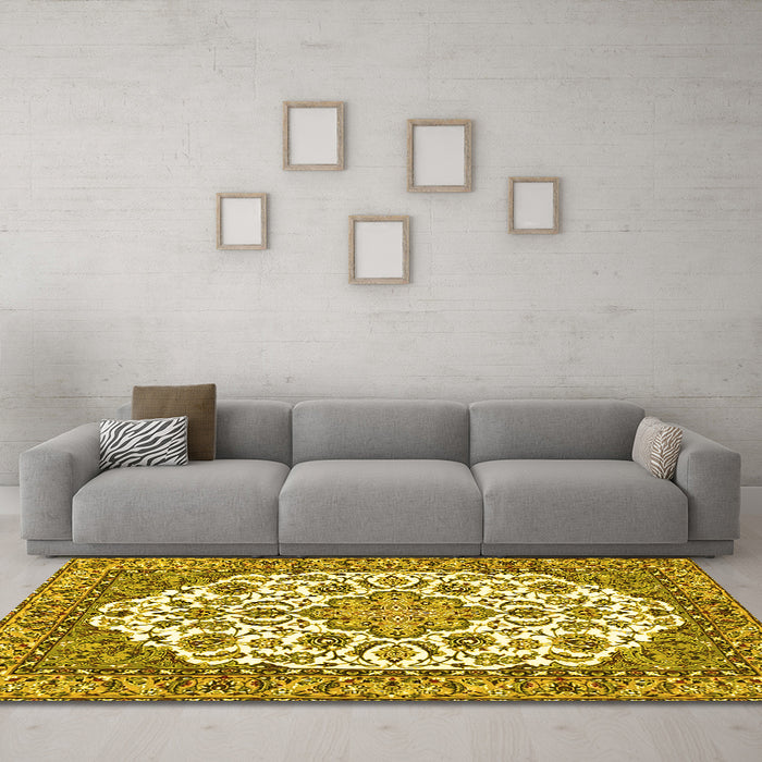 Machine Washable Medallion Yellow Traditional Rug in a Living Room, wshtr4612yw