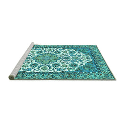 Sideview of Machine Washable Medallion Turquoise Traditional Area Rugs, wshtr4612turq
