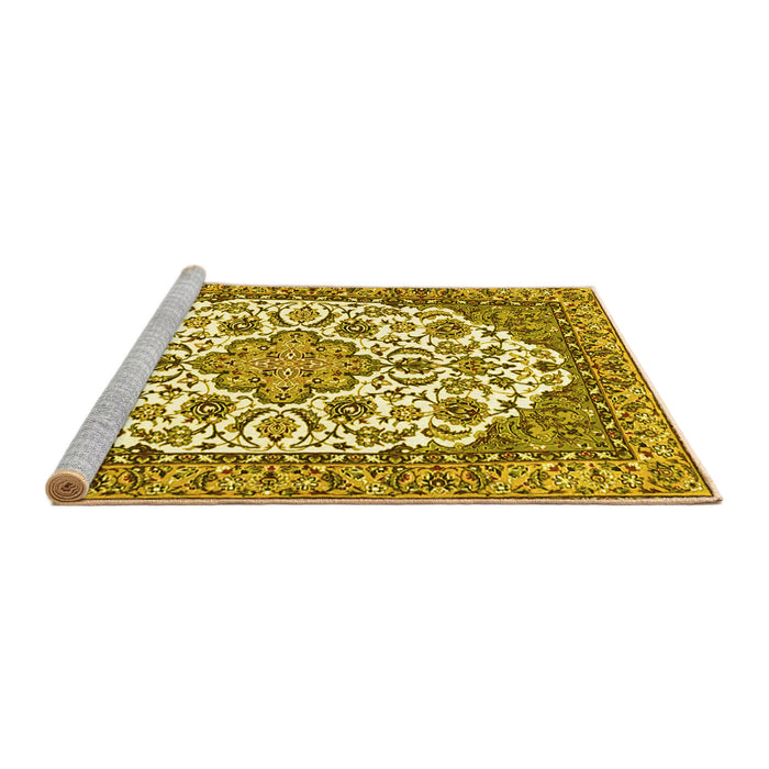 Sideview of Machine Washable Medallion Yellow Traditional Rug, wshtr4612yw