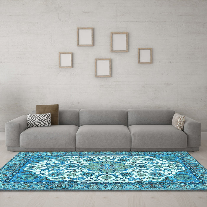 Machine Washable Medallion Light Blue Traditional Rug in a Living Room, wshtr4612lblu