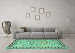 Machine Washable Animal Turquoise Traditional Area Rugs in a Living Room,, wshtr4613turq