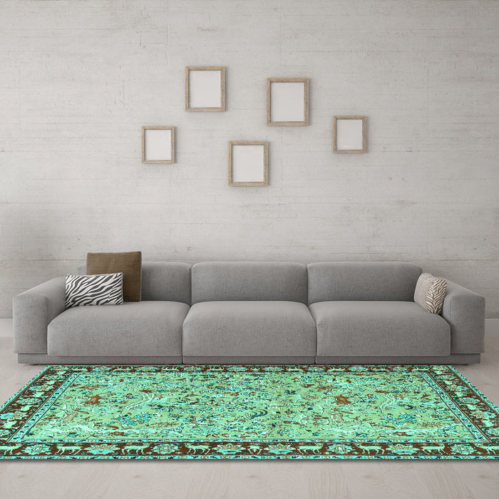 Machine Washable Animal Turquoise Traditional Area Rugs in a Living Room,, wshtr4613turq
