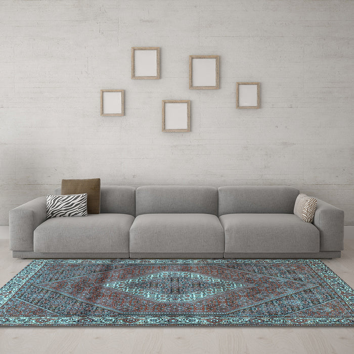 Machine Washable Medallion Light Blue Traditional Rug in a Living Room, wshtr4614lblu