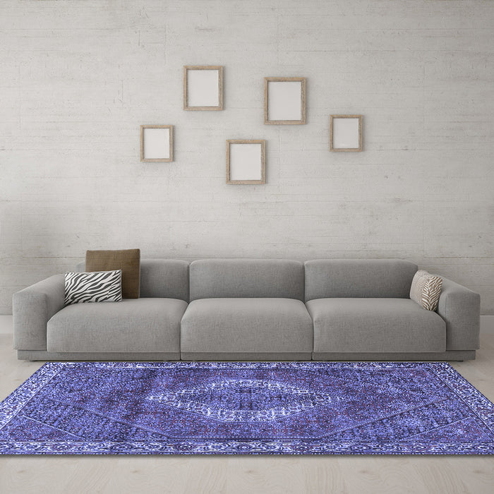 Machine Washable Medallion Blue Traditional Rug in a Living Room, wshtr4614blu