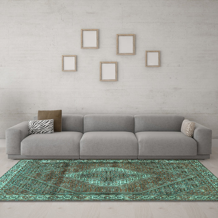 Machine Washable Medallion Turquoise Traditional Area Rugs in a Living Room,, wshtr4614turq