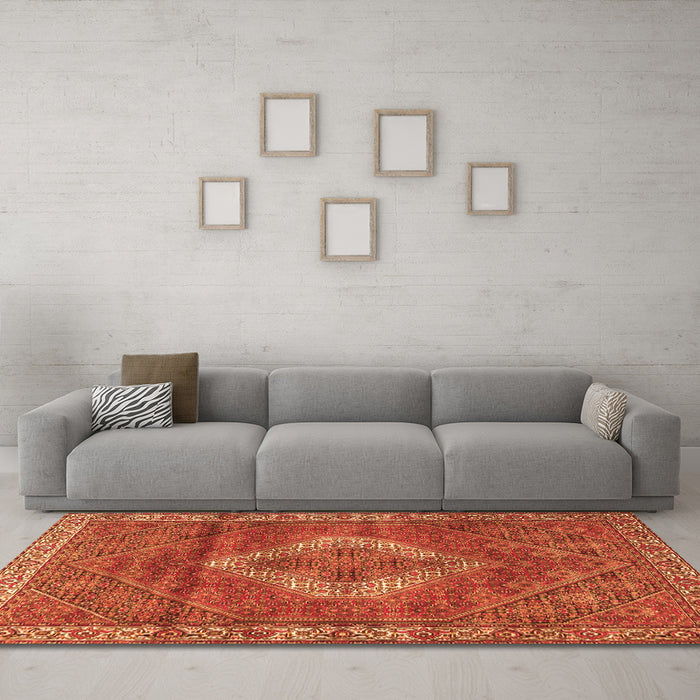 Machine Washable Medallion Orange Traditional Area Rugs in a Living Room, wshtr4614org