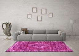 Machine Washable Medallion Pink Traditional Rug in a Living Room, wshtr4614pnk