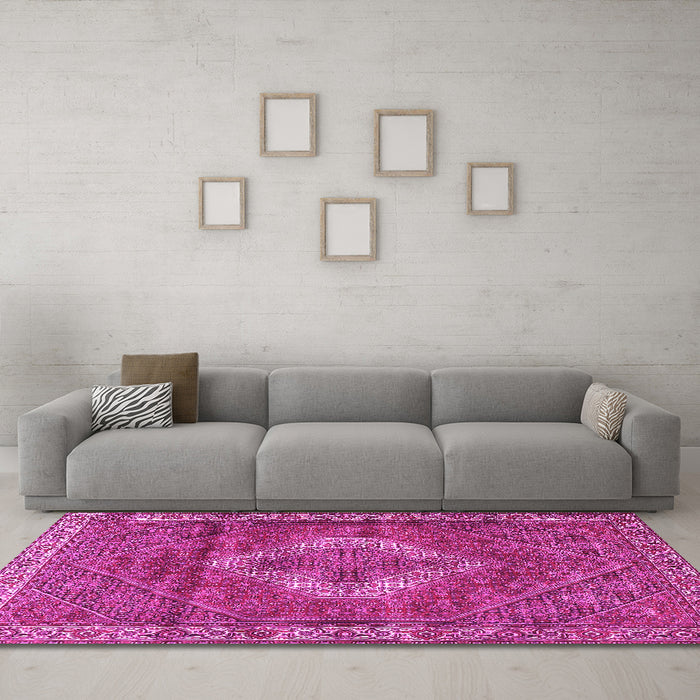 Machine Washable Medallion Pink Traditional Rug in a Living Room, wshtr4614pnk