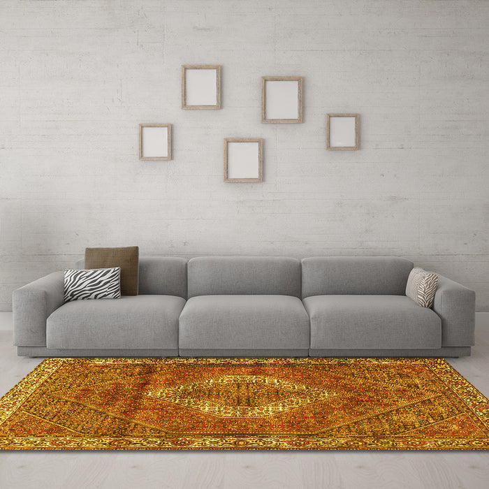 Machine Washable Medallion Yellow Traditional Rug in a Living Room, wshtr4614yw