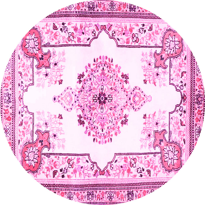 Round Machine Washable Medallion Pink Traditional Rug, wshtr4615pnk